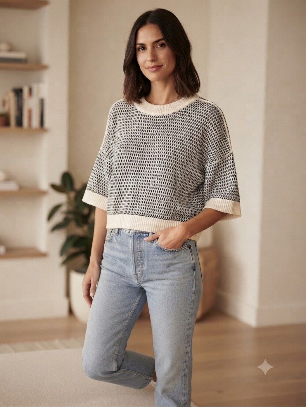 J.O.A. Black White Geometric Chunky Knit Oversized Crewneck Sweater Sz L Cotton